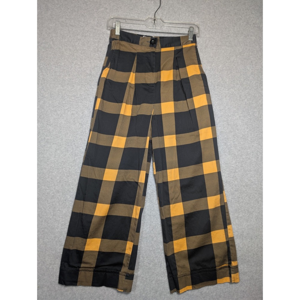 Anthropologie Porridge Cilla Wide Leg Pant Women XS Yellow Plaid Pleated Cropped